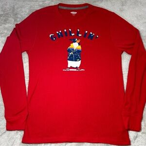 Old Navy Men's Thermal Knit Shirt Medium Chillin' Penguin Graphic L/Sleeve Red